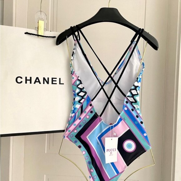 Emilio Pucci Blue and Pink Geometric One Piece Swimsuit - Picture 8 of 9